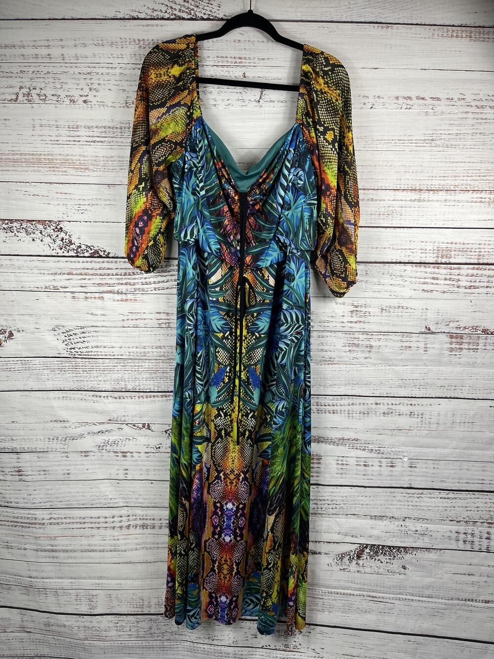 Venus Dress Women's SZ 1X Multicolor Maxi Boho Snake Print Sheer Sleeve Tropical